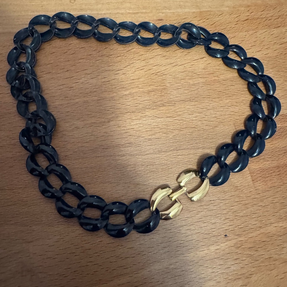 Vintage Napier Black Lucite Link Necklace Gold Tone Clasp 1970s Statement